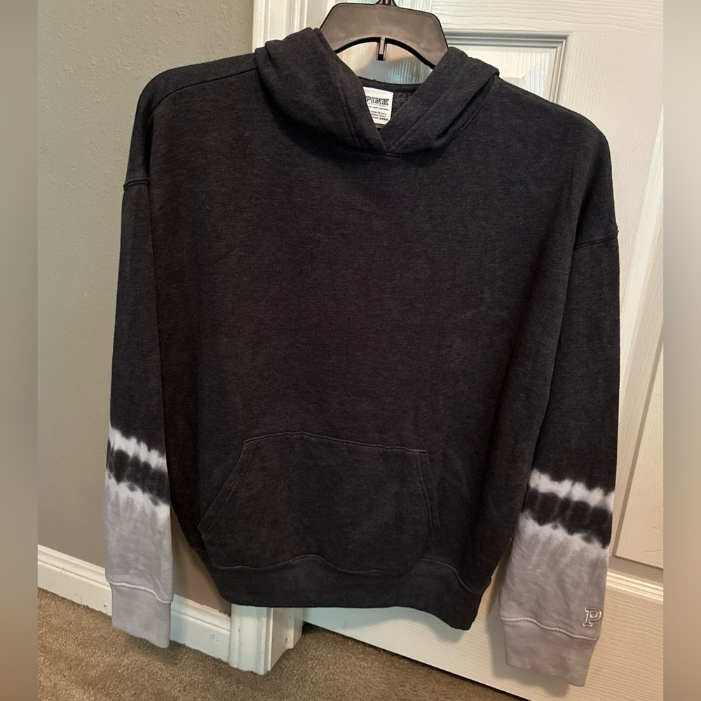 NWT Victoria’s Secret PINK Hoodie XS X Small 26" Long Sleeve Gray White Tie Dye